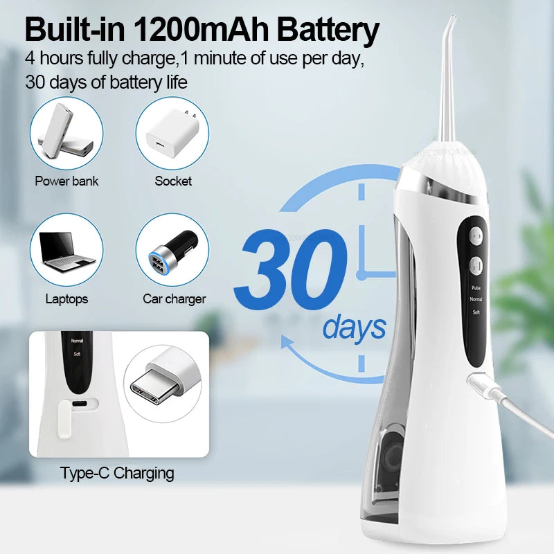Electric Oral Irrigator 3 Cleaning Modes USB Rechargeable Waterproof IP65 Oral Irrigator 4 Nozzles Portable Dental Irrigators