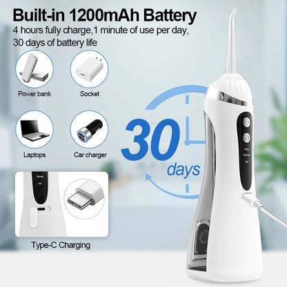 Electric Oral Irrigator 3 Cleaning Modes USB Rechargeable Waterproof IP65 Oral Irrigator 4 Nozzles Portable Dental Irrigators