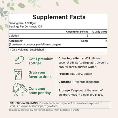 Micro Ingredients Astaxanthin 12Mg, 120 Softgels | 4 Monthly Supply, Natural Tanning, Fresh Microalgae Source, Easy to Swallow